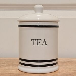 EUC Sears White Ceramic Tea Canister with Black Highlights